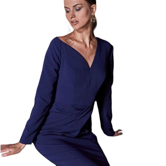 NEW Kay Unger CECELIA MIDI DRESS Admiral Blue Draped & Pleated Size 4 - Picture 4 of 6